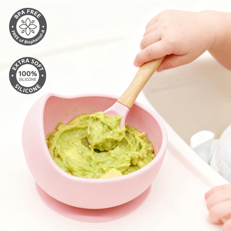 Ginbear Baby Bowls with Suction, Silicone Bibs, Self Feeding Spoons, Led Weaning Supplies, Toddler Eating Set for Ages 6 Months+ (Baby Pink) - Image 3